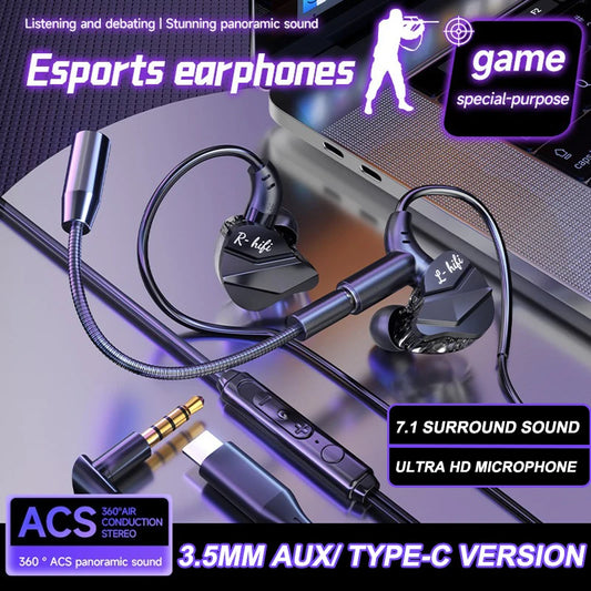 E-Sports Gaming Headset 7.1 Surround Sound Wired 3.5mm/Type-C In-Ear dual Mic Gaming Earphone